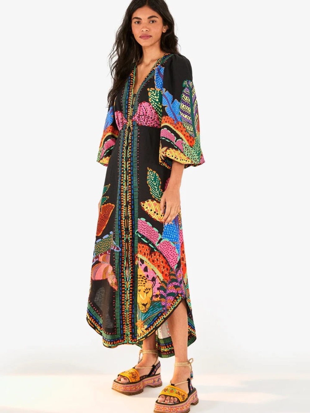 FARM Rio Black Cool Leopards Maxi Dress with Multicolor Tropical Print